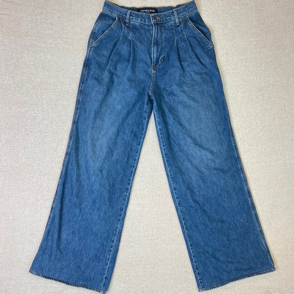Veronica Beard Mia Wide Leg Trouser High Rise Pleated Jeans Blue Size 30